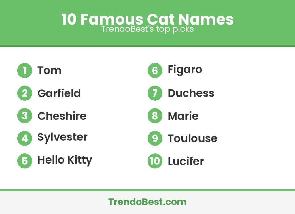 10 famous cat names list graphic by TrendoBest