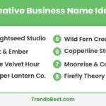 Creative Business Name Ideas list card showing Brightseed Studio, Ink & Ember, The Velvet Hour, Paper Lantern Co., Wild Fern Creative, Copperline Studio with TrendoBest branding