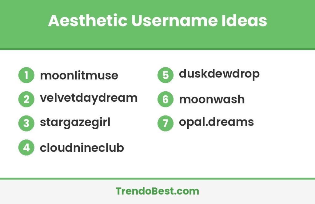 Aesthetic username ideas list on a TrendoBest branded card