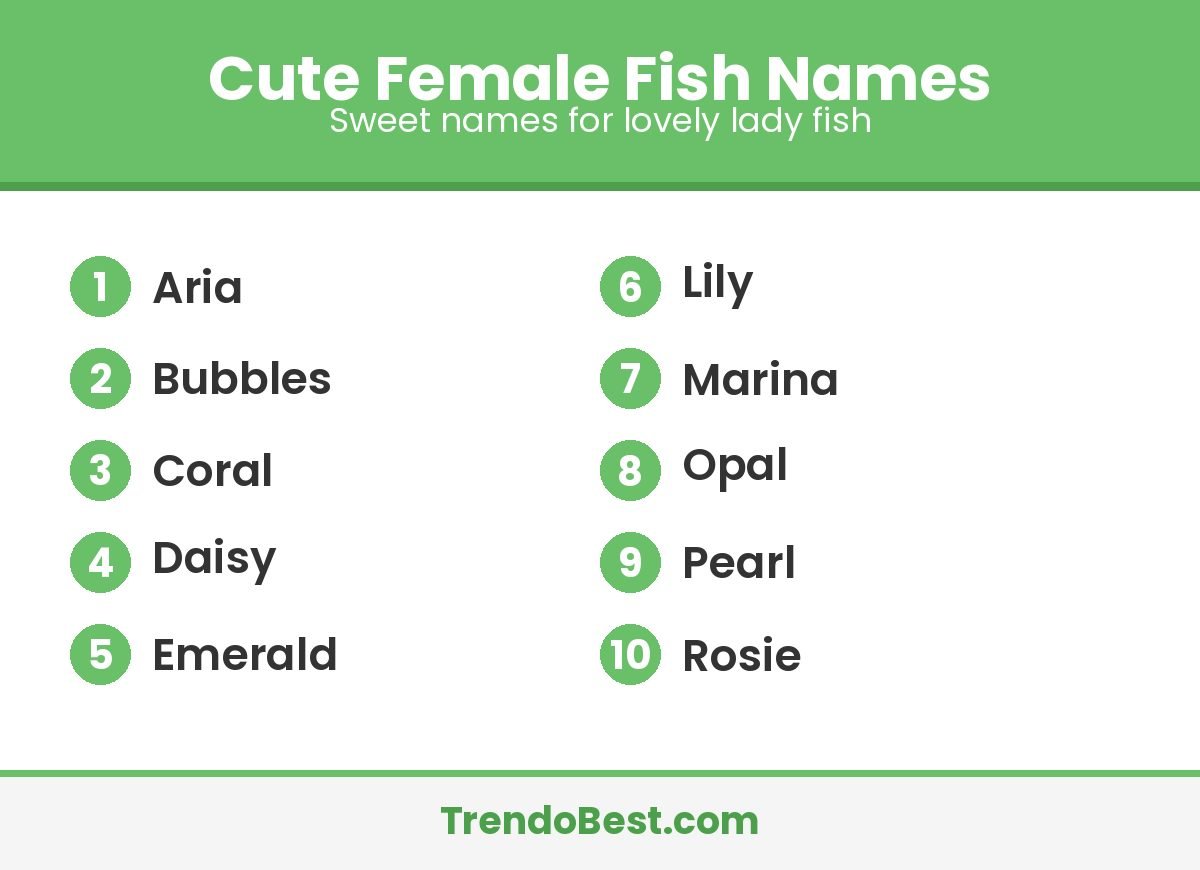Cute female fish names: Aria, Bubbles, Coral, Daisy, Emerald, Lily, Marina, Opal, Pearl, Rosie
