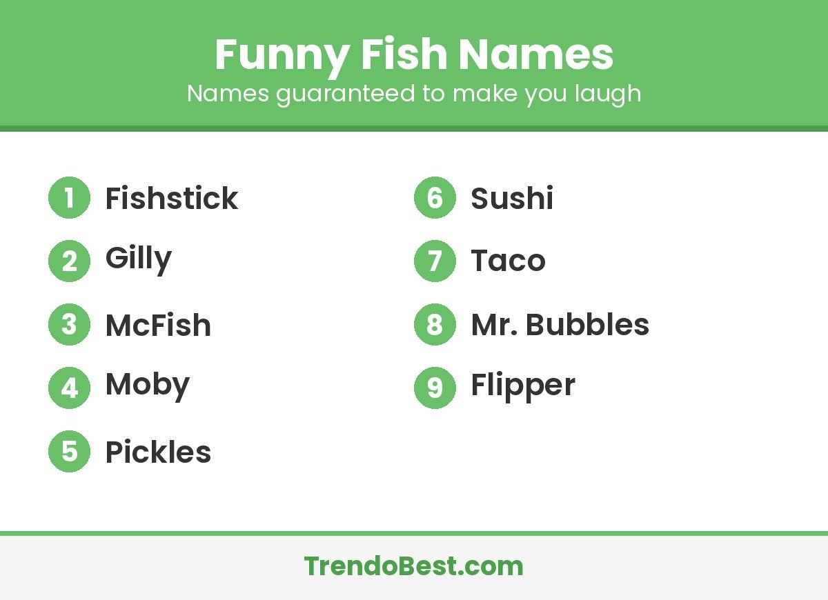 Funny fish names: Fishstick, Gilly, McFish, Moby, Pickles, Sushi, Taco, Mr. Bubbles, Flipper