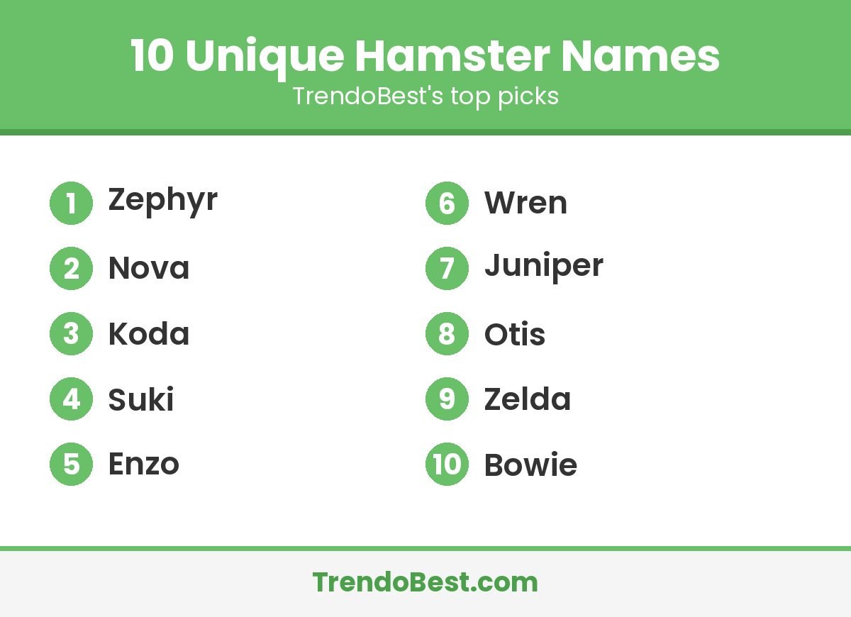 Unique hamster names list: Zephyr, Nova, Koda, Suki, Enzo, Wren, Juniper, Otis, Zelda, Bowie