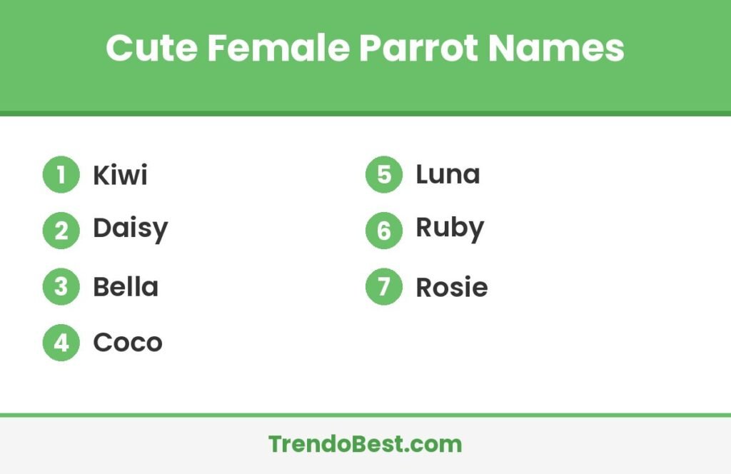 Cute female parrot names list card showing Kiwi, Daisy, Bella, Coco, Luna, Ruby and Rosie with TrendoBest branding