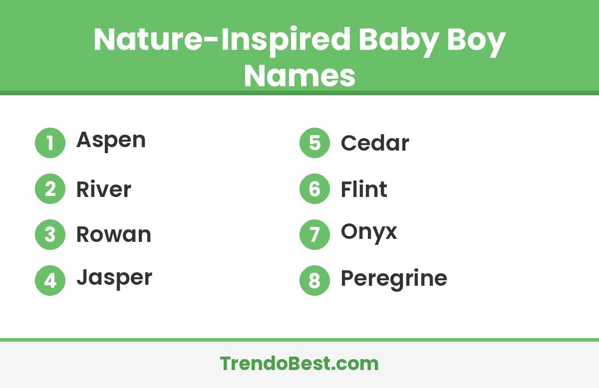 Nature-inspired baby boy names list including Aspen, River, Rowan, Jasper, Cedar, Flint, Onyx and Peregrine